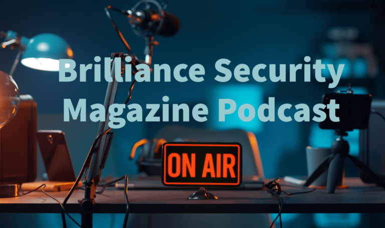 Securing Critical Infrastructure episode of Brilliance Security Magazine podcast. Picture shows an computer-generated image of a podcast recording studio with the words "Brilliance Security Magazine Podcast" at the top, and a neon sign that says "ON AIR" at the bottom.